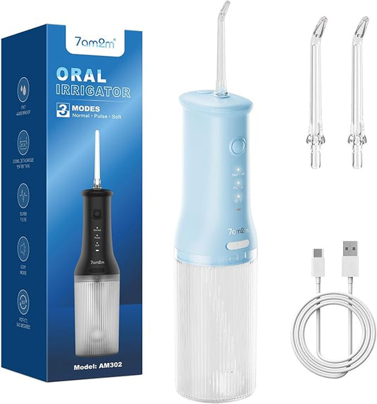 7AM2M Portable Water Flosser Cordless, Water Flosser with 3 Modes and 2 Jet Tips, USB C Rechargeable, IPX7 Waterproof, Dental Water Flosser for Travel and Home Use (Light Blue)