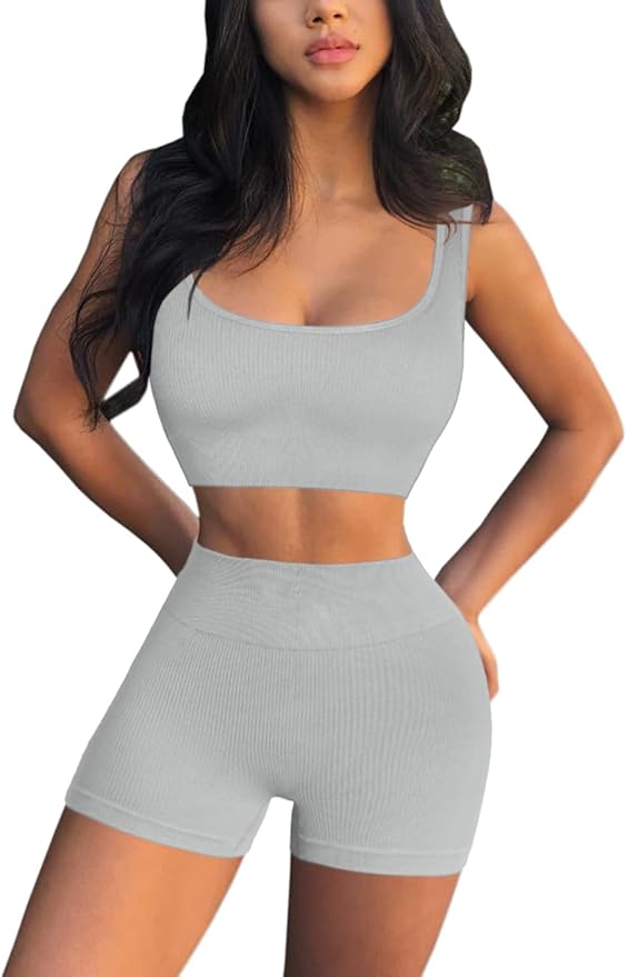 QINSEN Workout Sets for Women 2 Piece Seamless Ribbed Crop Tank High Waist Shorts Yoga Outfits