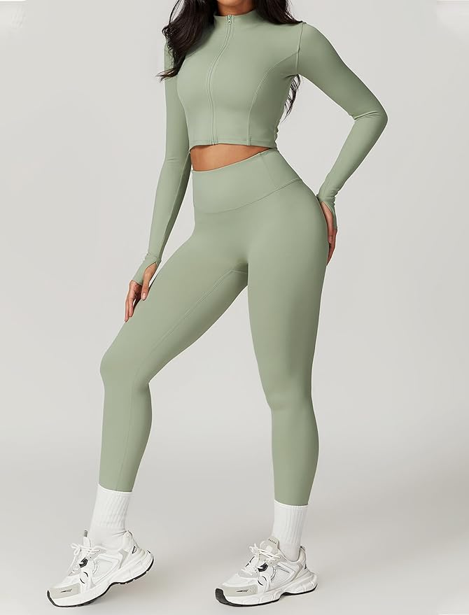 Workout Sets for Women 3 Piece High Waisted Seamless Leggings Crop Top Jacket Gym Yoga Outfit Stretchy Sports Bra Sets