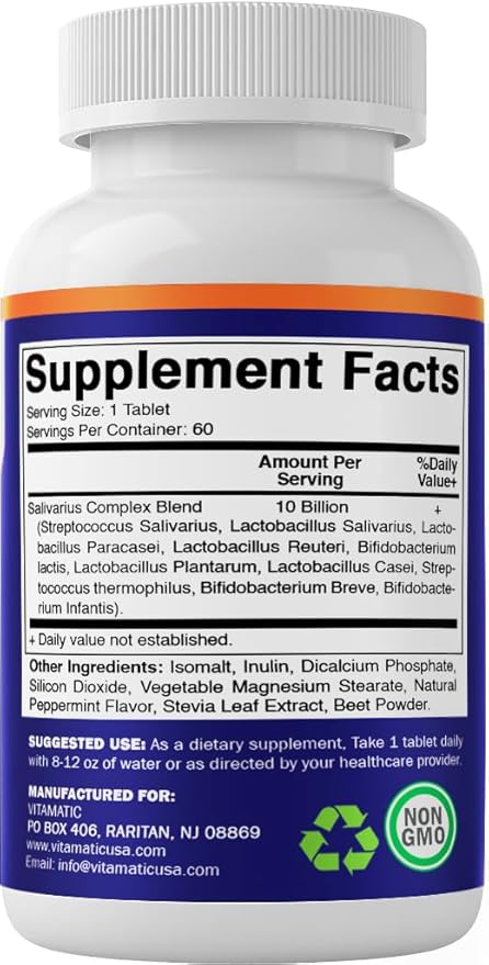 Vitamatic Salivarius Complex 10 Billion Chewable Mint Flavored Tablet - 60 Count - Oral Health Chewable Probiotics + Prebiotics - Supports Healthy Teeth, Gums, & Better Breath