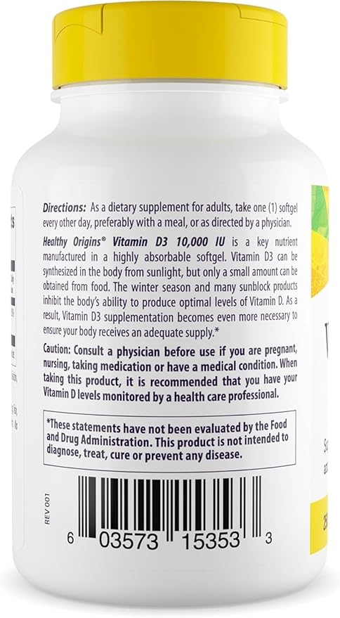 Healthy Origins Vitamin D3 10,000 IU (Non-GMO, High Potency, Bone Support, Immune Support, Gluten Free), 120 Softgels