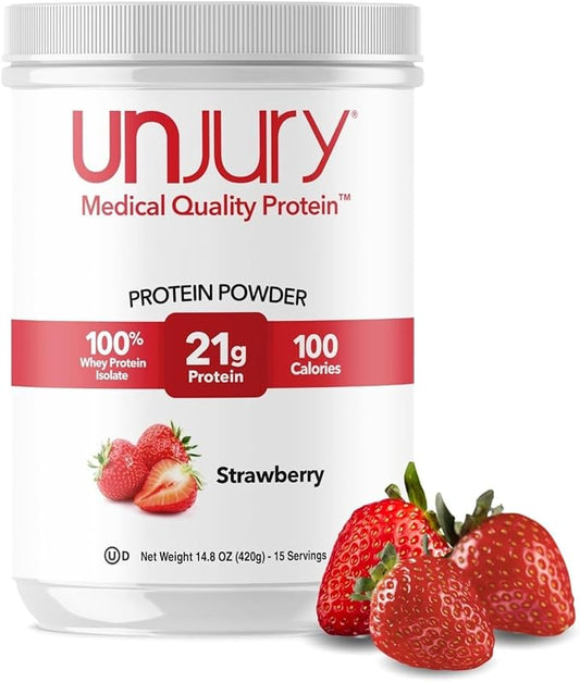 Unjury Whey Protein Powder | Strawberry | 21g 100% Whey Isolate Protein Powder | Low Carb and Lactose Free | Gluten Free | Certified Kosher | 15 Servings