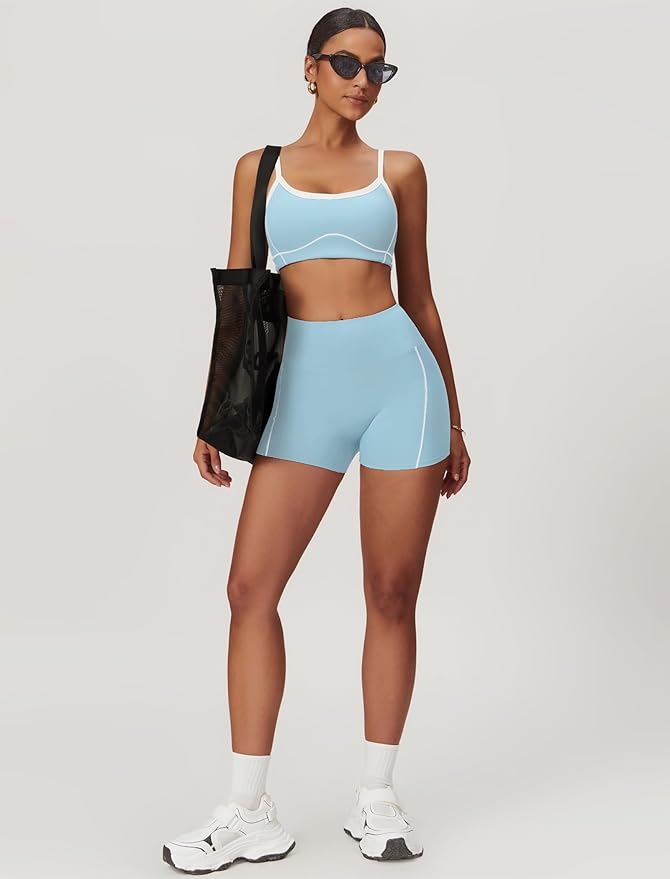 Workout Sets for Women 2 Piece Contrast Panel Sports Bra Tummy Control Butt lifting Shorts Jogger Outfits ﻿