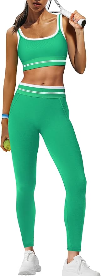 Panadila Womens Yoga Set 2 Piece Outfits Striped Workout Set Gym Matching Sports Bra and High Waist Leggings Activewear