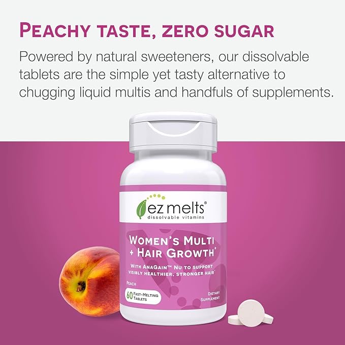 EZ Melts Dissolvable Multivitamin for Women + Hair Growth with Biotin, Bamboo Extract & Clinically Studied AnaGain Nu, Supports Visibly Healthier, Stronger Hair, Sugar-Peach Flavor - 1 Pack