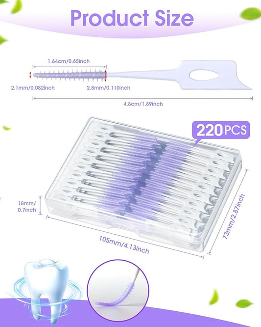 220 PCS Dental Floss Picks, Soft Silicone interdental Brush, Floss Picks for Teeth, Toothpicks Brush Between Teeth, Tooth Flossing Brush with Case, Disposable for Teeth Cleaning, Purple Color