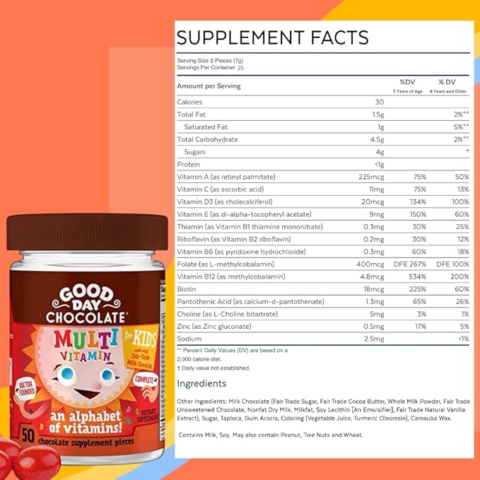 Good Day Chocolate Complete Multivitamin for Kids, Daily Supplement of Vitamins A, B6, B12, C, D, E, Folate and Biotin, Fair Trade and Non-GMO Chocolate, 50 Pieces