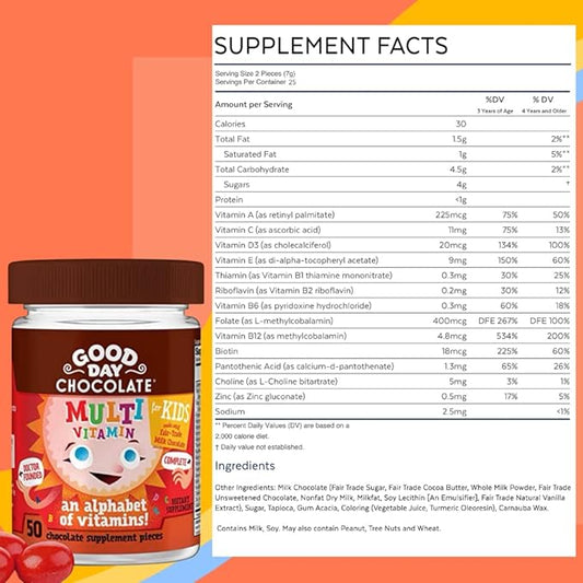 Good Day Chocolate Complete Multivitamin for Kids, Daily Supplement of Vitamins A, B6, B12, C, D, E, Folate and Biotin, Fair Trade and Non-GMO Chocolate, 50 Pieces