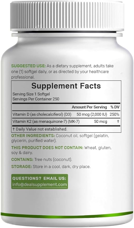 DEAL SUPPLEMENT Vitamin D3 2,000 IU + K2 MK7 50mcg Softgels | 2-in-1 Complex with Virgin Coconut Oil | Supports Heart, Bone, Teeth & Immune Health | Easy to Swallow