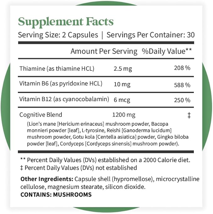 Pattern Wellness Cognitive Complex Supplement – Supports Memory, Focus, Mental Clarity, and Brain Health – Lion’s Mane, Bacopa, B Vitamins – 60 Vegetarian Capsules