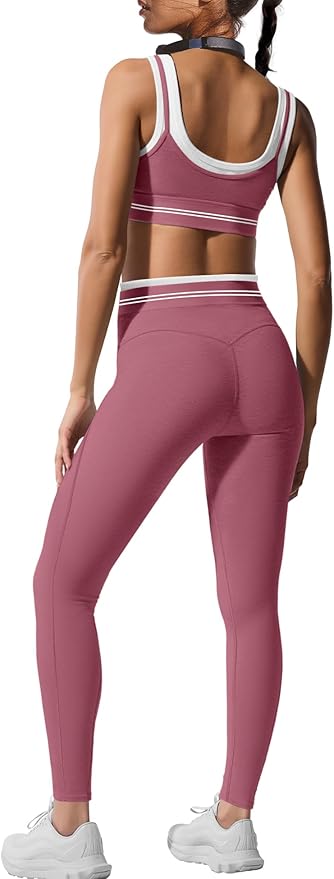 Panadila Womens Yoga Set 2 Piece Outfits Striped Workout Set Gym Matching Sports Bra and High Waist Leggings Activewear
