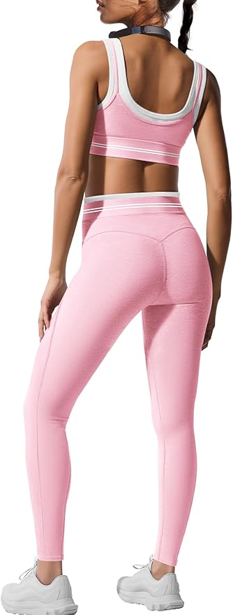 Panadila Womens Yoga Set 2 Piece Outfits Striped Workout Set Gym Matching Sports Bra and High Waist Leggings Activewear