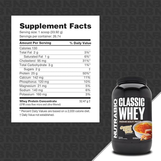 NutraBio Classic Whey Protein Powder- 25G of Protein Per Scoop - No Fillers, Artificial Colors, Preservatives - Caramel Creme Brulee, 2 Pounds