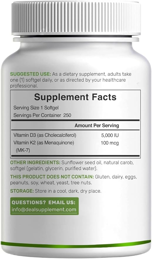 DEAL SUPPLEMENT Vitamin D3 5,000 IU + K2 MK7 Softgels, 250 Count | 2-in-1 Complex | Supports Heart, Bone, Teeth & Immune Health* | Easy to Swallow
