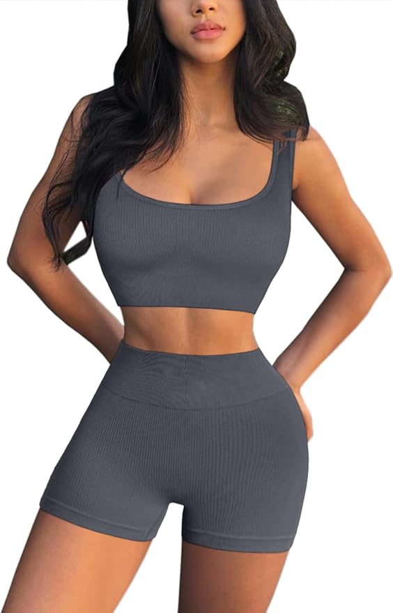 QINSEN Workout Sets for Women 2 Piece Seamless Ribbed Crop Tank High Waist Shorts Yoga Outfits