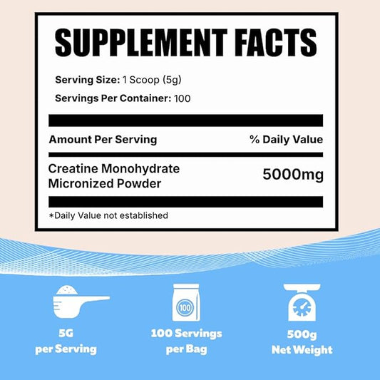 Vocks Creatine Monohydrate Powder - Creatine Supplement, Micronized Creatine, Creatine Powder - Unflavored & Gluten Free, 5g per Servings, 500g (1.1 lbs)