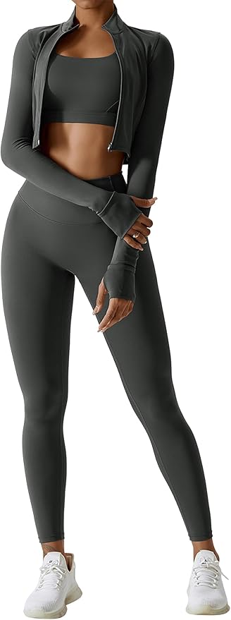 Workout Sets for Women 3 Piece High Waisted Seamless Leggings Crop Top Jacket Gym Yoga Outfit Stretchy Sports Bra Sets