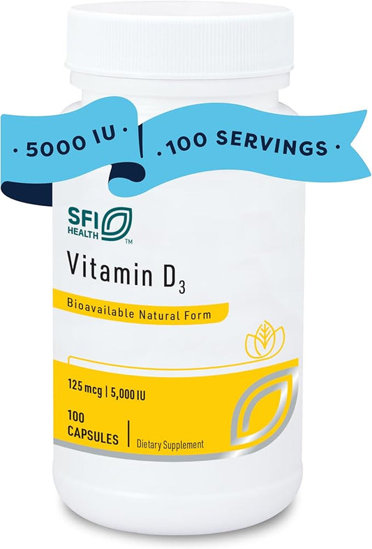 Klaire Labs SFI Health Vitamin D3 5000 IU - High Potency Vitamin D 125mcg - Immune Support - Helps Promote Bone & Heart Health - Hypoallergenic (100 Capsules)