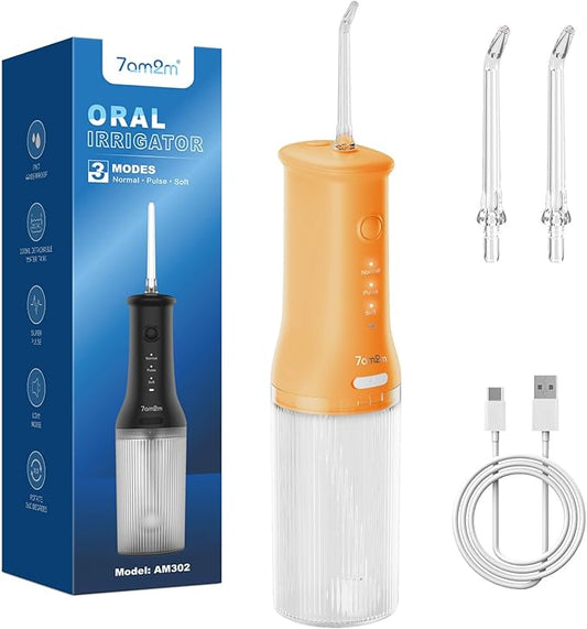 7AM2M Portable Water Flosser Cordless, Water Flosser for Teeth with 3 Modes and 2 Jet Tips, USB C Rechargeable, IPX7 Waterproof, Dental Water Flosser for Travel and Home Use (Orange)