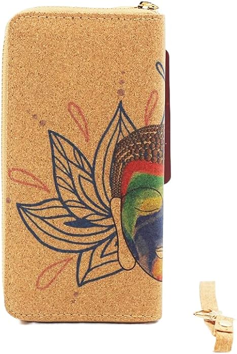 Buddha Cork Vegan Wristlet Wallet - credit card, business cards, coins & bills Room for Cellphone