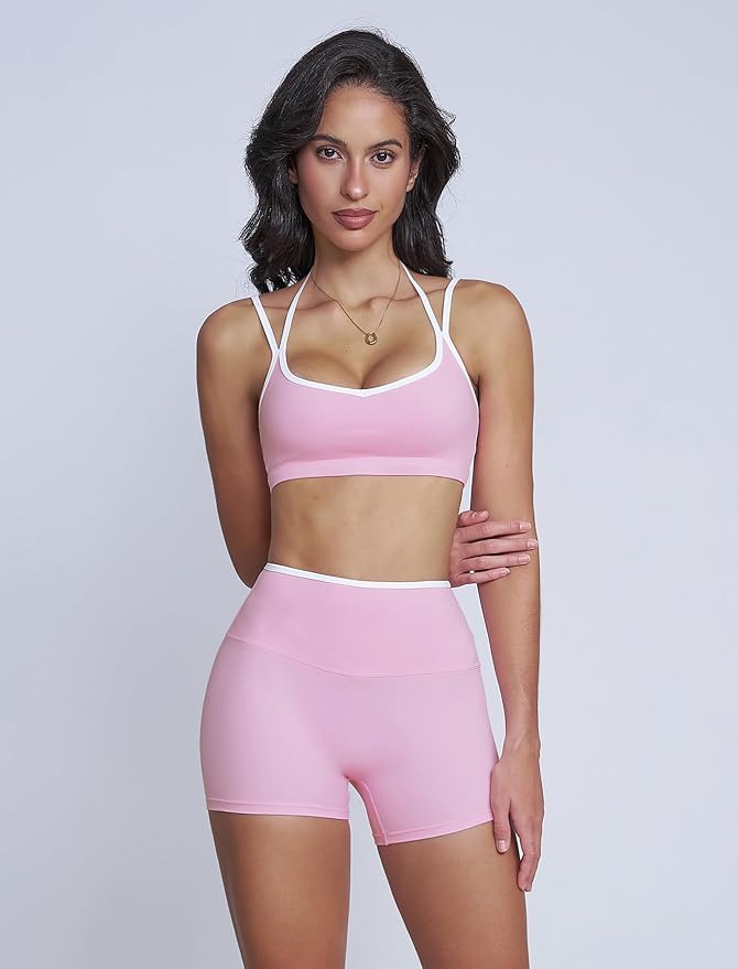 Workout Sets for Women 2 Piece Contrast Panel Sports Bra Tummy Control Butt lifting Shorts Jogger Outfits ﻿
