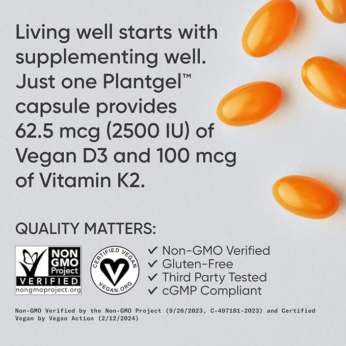 Sports Research® Vitamin D3 + K2 w/Coconut Oil - Vegan Vitamin D 2500iu (62.5mcg) & Mk7 Vitamin K 100mcg for Bone & Immune Support - Vegan Certified · Non-GMO · Soy Free - 60 Softgels