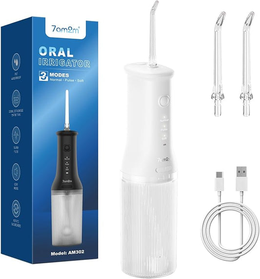 7AM2M Portable Water Flosser Cordless, Water Flosser with 3 Modes and 2 Jet Tips, USB C Rechargeable, IPX7 Waterproof, Dental Water Flosser for Travel and Home Use (White)