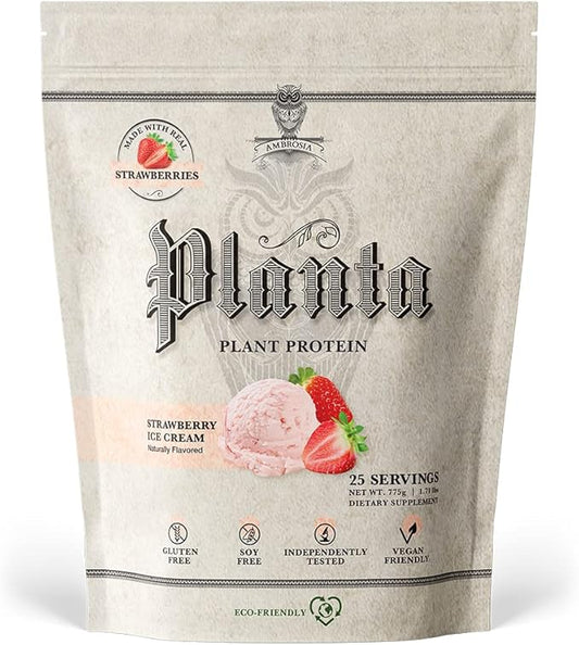 Ambrosia Planta - Premium Plant-Based Protein | Vegan & Keto Friendly | Gourmet Flavors | No Bloating or Stomach Upset | Gluten & Soy Free | No Added Sugar | 25 Servings | Strawberry Ice Cream