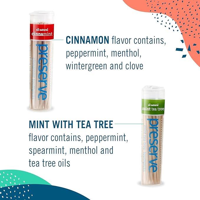 Preserve Toothpicks Cinnamint Refreshing Natural Cinnamon & Mint Flavored Toothpicks for Fresh Breath Teeth & Gums - Sustainably Harvested Birch Wood - 3 Travel Cases (105 Picks)