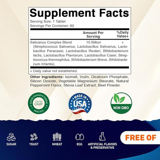 Vitamatic Salivarius Complex 10 Billion Chewable Mint Flavored Tablet - 60 Count - Oral Health Chewable Probiotics + Prebiotics - Supports Healthy Teeth, Gums, & Better Breath