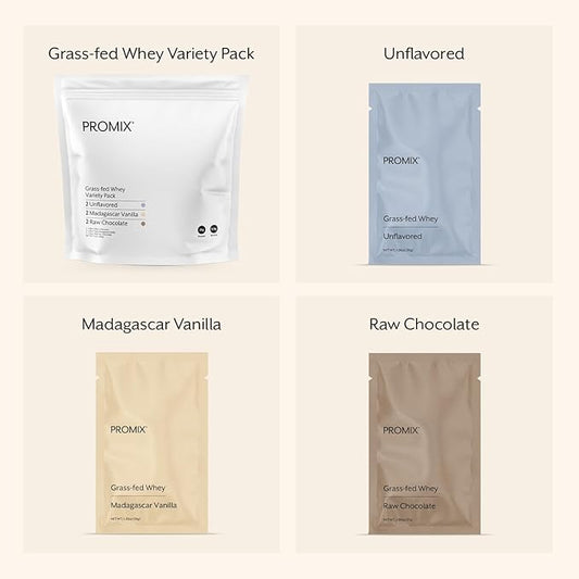 Promix Whey Protein Powder, Variety Pack (Unflavored, Vanilla, & Chocolate Flavors) Grass-Fed & 100% All Natural - ­Post Workout Fitness & Nutrition Shakes, Smoothies, Baking & Cooking Recipes