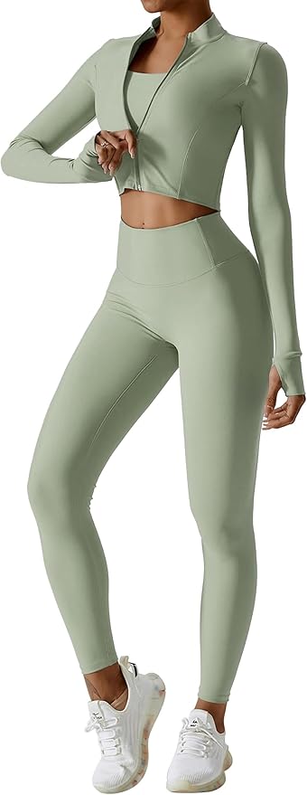 Workout Sets for Women 3 Piece High Waisted Seamless Leggings Crop Top Jacket Gym Yoga Outfit Stretchy Sports Bra Sets