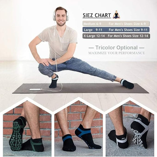 Muezna Men's Non-Slip Yoga Socks, Anti-Skid Pilates, Barre, Bikram Fitness Hospital Slipper Socks with Grips