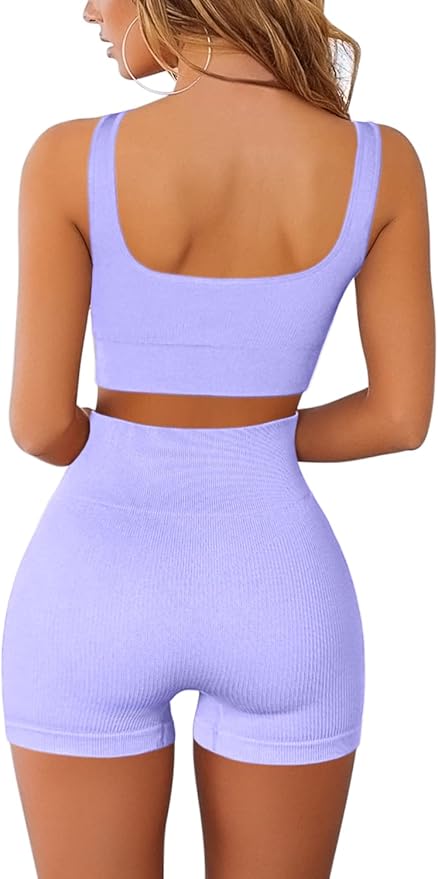 QINSEN Workout Sets for Women 2 Piece Seamless Ribbed Crop Tank High Waist Shorts Yoga Outfits