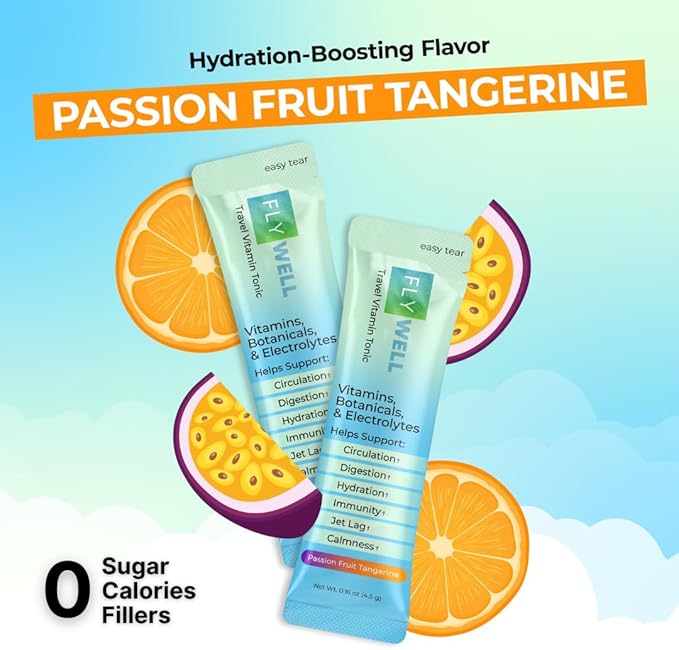 Travel Vitamin Tonic for Flight, Jet Lag, Hydration, Circulation, Digestion & Immune Support, Promotes Calmness, Electrolyte Powder, Travel Essentials, Passion Fruit Tangerine, 15 Sticks