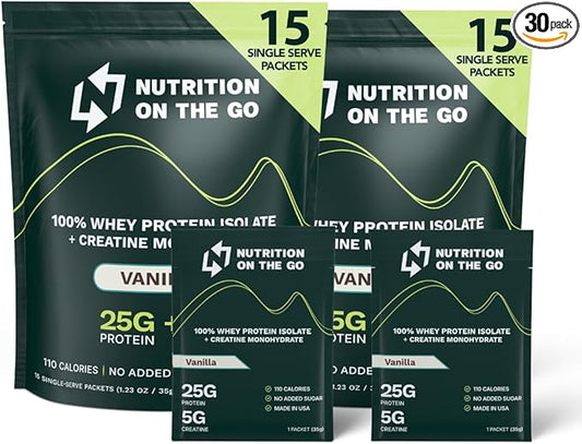 Nutrition On The Go Whey Protein Isolate Packets with Creatine – 25g Protein + 5g Creatine – Single-Serve Travel Protein Powder – Vanilla (30-Pack)