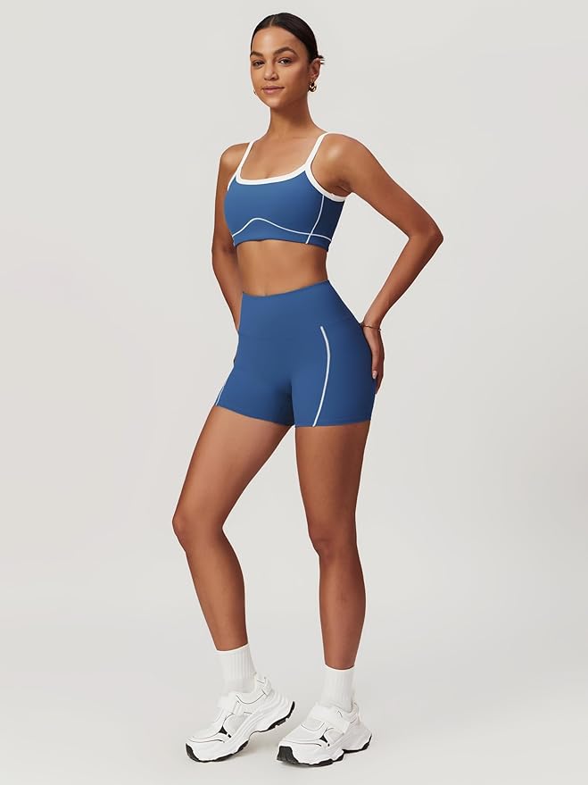 Workout Sets for Women 2 Piece Contrast Panel Sports Bra Tummy Control Butt lifting Shorts Jogger Outfits ﻿