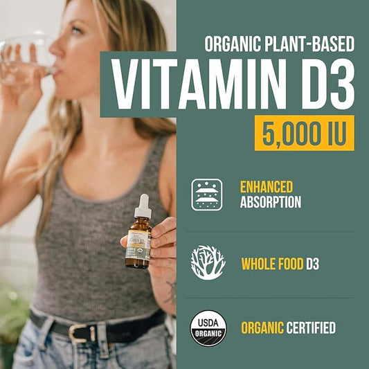 Plant-D3 Organic Vitamin D3 5000 IU - Vegan, Max Strength Sublingual Liquid D3 Drops - 200% Higher Absorption - 100% Plant-Based Cholecalciferol Form - Adjustable Dosing for All Ages (1oz Liquid)
