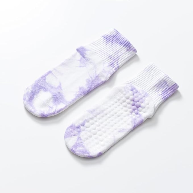 Yoga Pilates Socks with Grips for Women Non Slip Fleece Tie Dye Cushioned Ankle Socks for Barre Ballet Dance