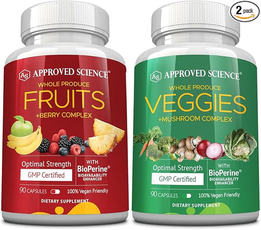 Approved Science Fruits & Veggies - 42 Whole Fruit and Veggie Supplement - Enhanced Health & Vitality - Daily Natural Vitamins, Minerals, Antioxidants - 90 Capsules Each - 1-Month Supply