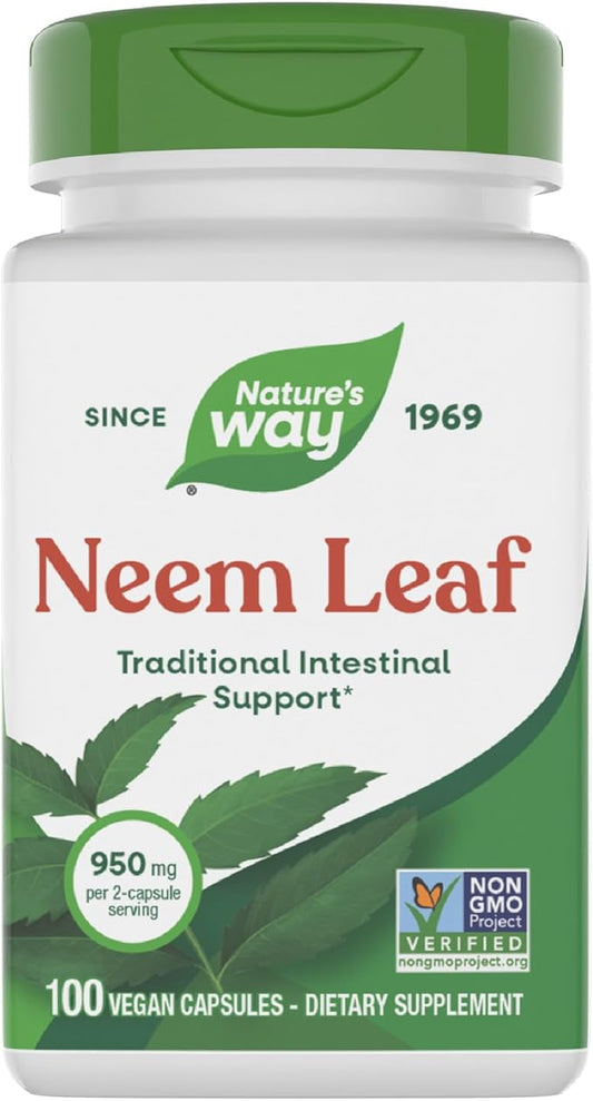 Nature's Way Herbal Neem Leaf, Traditional Intestinal Support*, Used in Ayurveda, 950 mg per 2-Capsule Serving, Non-GMO Project Verified, Vegan, 100 Capsules (Packaging May Vary)