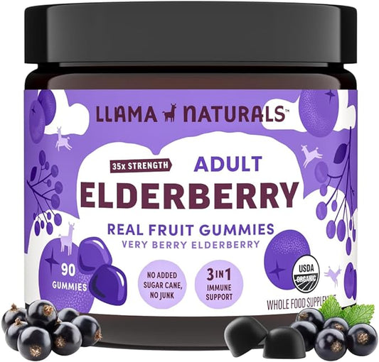 Llama Naturals Elderberry Gummies for Adults, Vegan, Organic Immune Support Supplement with Vitamin C and Zinc, Real Fruit Gummy Vitamins for Immunity, Chewable, No Added Sugar Cane, 90 Ct