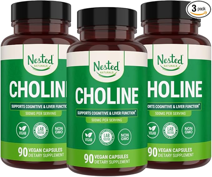 Nested Naturals Choline Bitartrate 500mg - High Potency Choline Supplements - Supports Cognitive Performance & Liver Function - 100% Vegan & Non-GMO Choline - 3-Pack (270 Vegan Capsules)