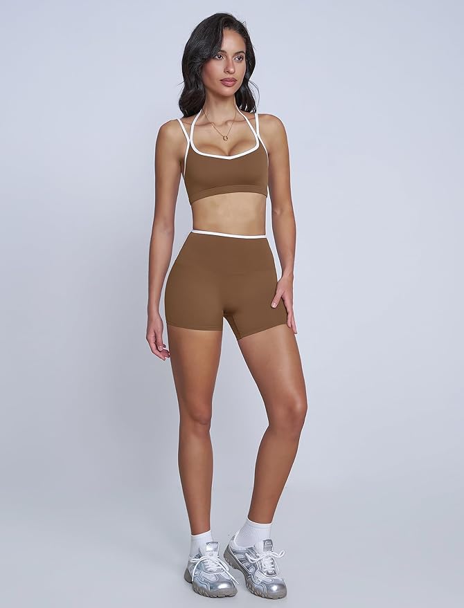 Workout Sets for Women 2 Piece Contrast Panel Sports Bra Tummy Control Butt lifting Shorts Jogger Outfits ﻿