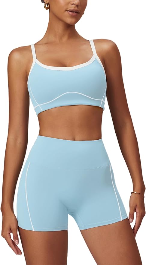 Workout Sets for Women 2 Piece Contrast Panel Sports Bra Tummy Control Butt lifting Shorts Jogger Outfits ﻿