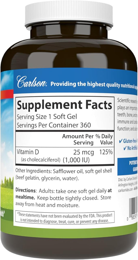 Carlson - Vitamin D3, 1000 IU (25 mcg), Bone Health, Muscle Health, Cholecalciferol, Vitamin D Supplements, Vitamin D3 Soft Gels, 360 Softgels