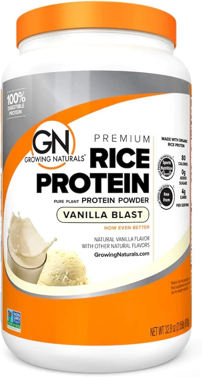 Growing Naturals Organic Rice Protein Powder - 15g Plant Protein, 2.8G BCAA - Low-Carb, Low-Sugar, Non-GMO - Vanilla Blast, 2 Pound (Pack of 1)