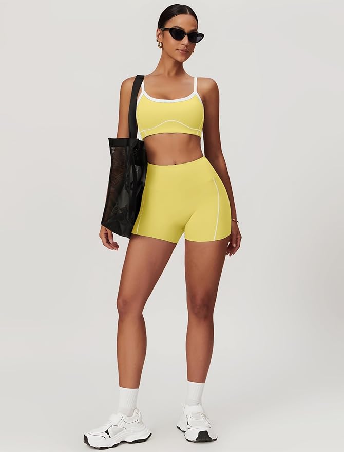 Workout Sets for Women 2 Piece Contrast Panel Sports Bra Tummy Control Butt lifting Shorts Jogger Outfits ﻿