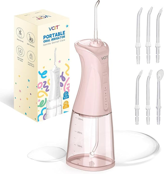 Water Dental Flosser for Teeth: 350ML Cordless Portable 4 Modes Oral Irrigator, IPX7 Waterproof, Rechargeable Water Floss Pik for Cleaning Gum Care Braces for Home Travel(Pink)