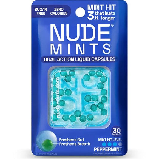NUDE MINTS | Dual Action Liquid Capsules | Mouth Watering Mint - Lasts 3X Longer - 3X Stronger - Extreme Bad Breath Treatment For Adults - Sugar Free, 0 Calorie - Peppermint - 10 Pack - 300 Capsules